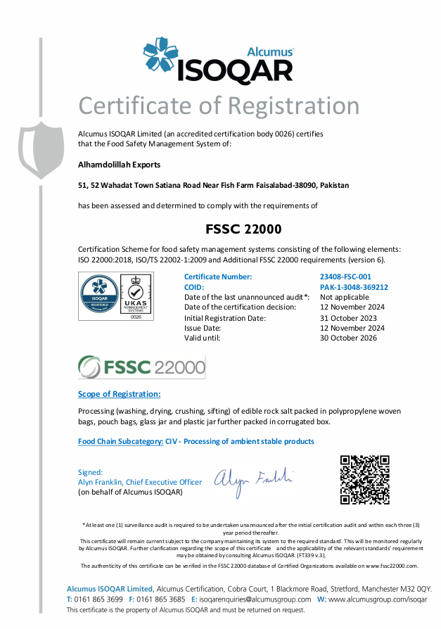 FSSC 22000 certificate — Alhamdolillah Exports — Alcumus ISOQAR