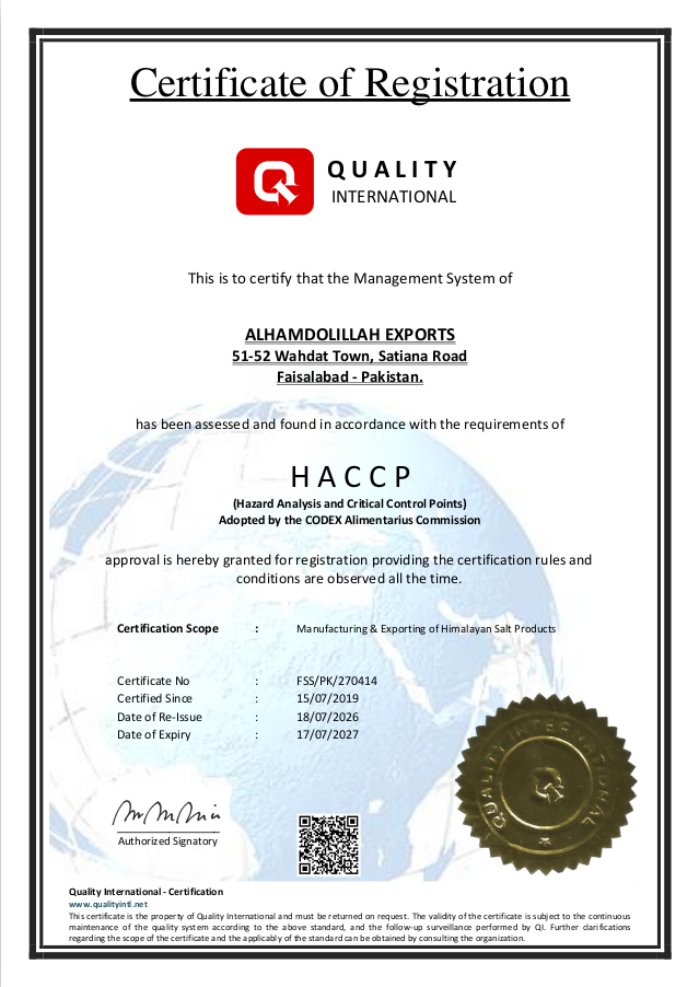 HACCP certificate — Alhamdolillah Exports — Quality International