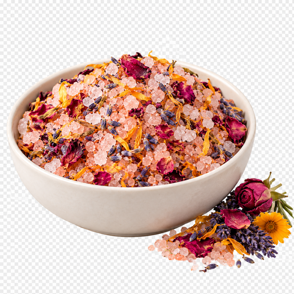 Himalayan bath salt blended with dried botanicals