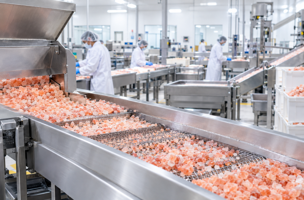 Himalayan salt being graded at a BRCGS Grade AA certified facility