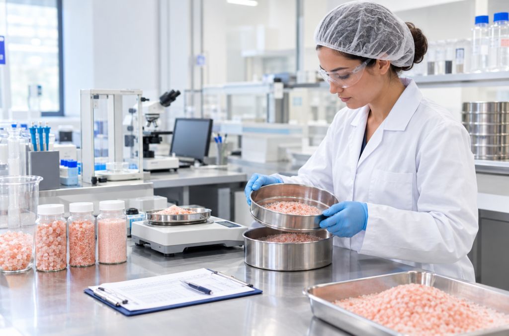 Himalayan salt being tested for batch consistency in a quality laboratory