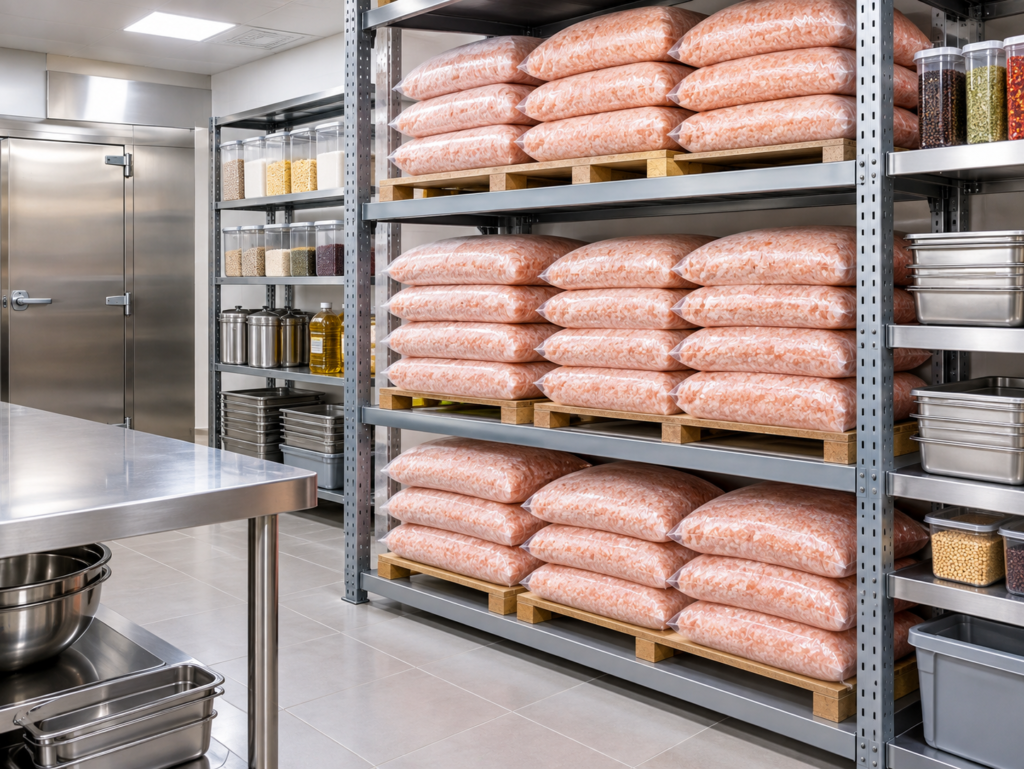 Bulk Himalayan salt bags stored in a commercial kitchen dry store