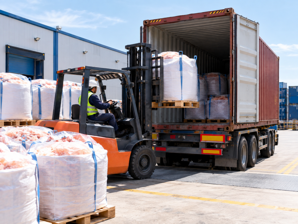 Bulk Himalayan salt being loaded into containers for export to 45 countries