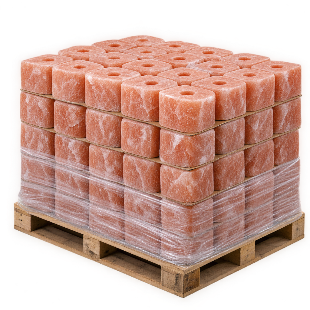 Himalayan salt licks stacked on pallets for bulk agricultural distribution