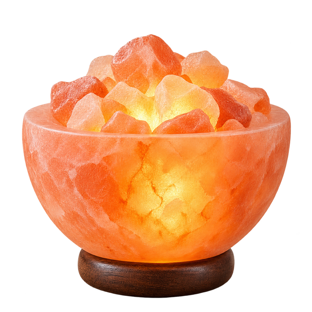 Carved Himalayan salt bowl lamp cut from a single block