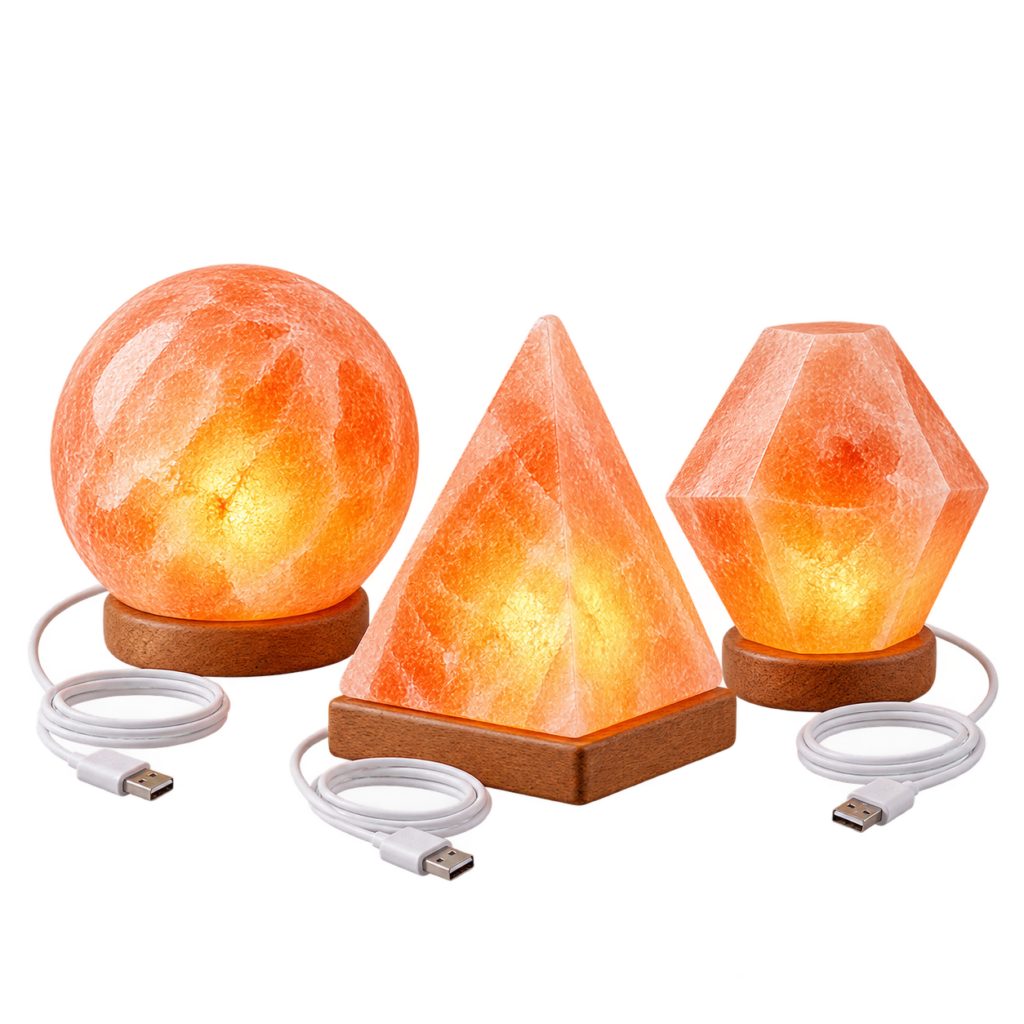 Carved USB salt lamps in sphere and pyramid shapes
