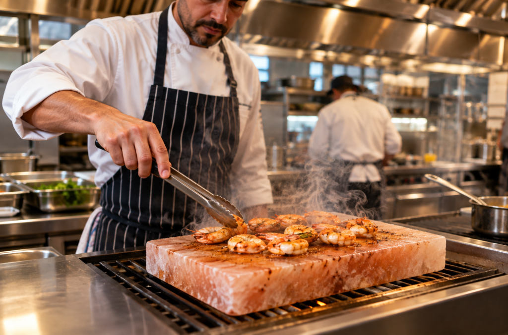 Chef cooking on a Himalayan salt block during restaurant service