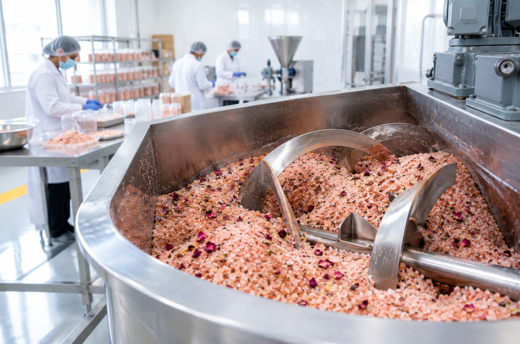 Cosmetic grade Himalayan bath salt being blended in production