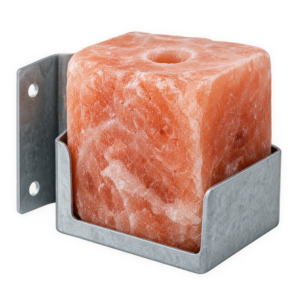 Drilled Himalayan salt lick fitted to a metal holder for agricultural use