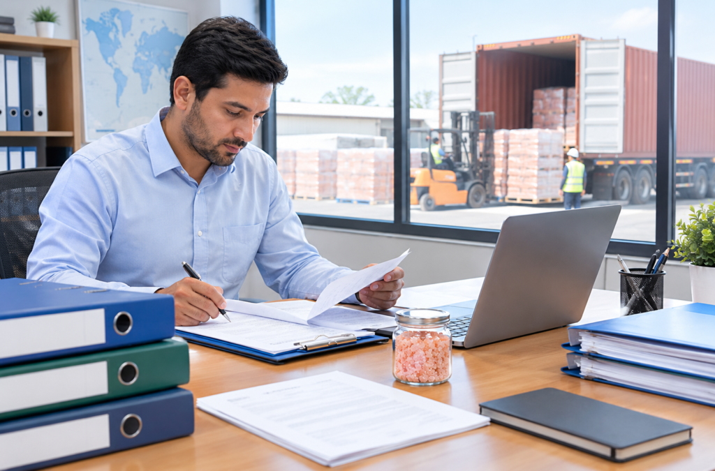 Export documentation being prepared for a Himalayan salt shipment