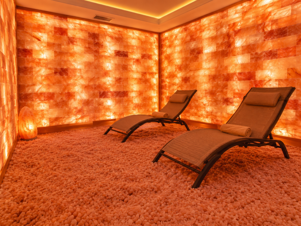 Finished halotherapy salt room with backlit salt brick walls and salt floor