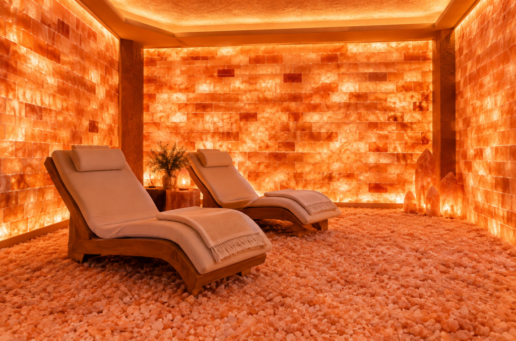 Completed halotherapy salt room with backlit salt walls and salt floor