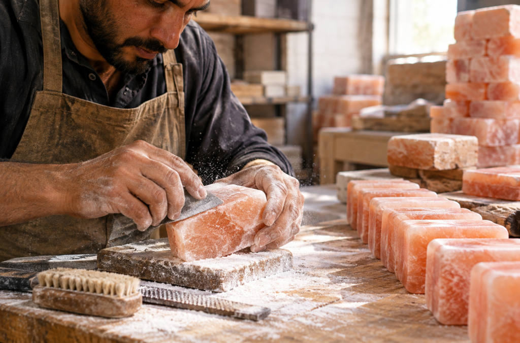 Craftsman hand-cutting and finishing Himalayan salt soap bars