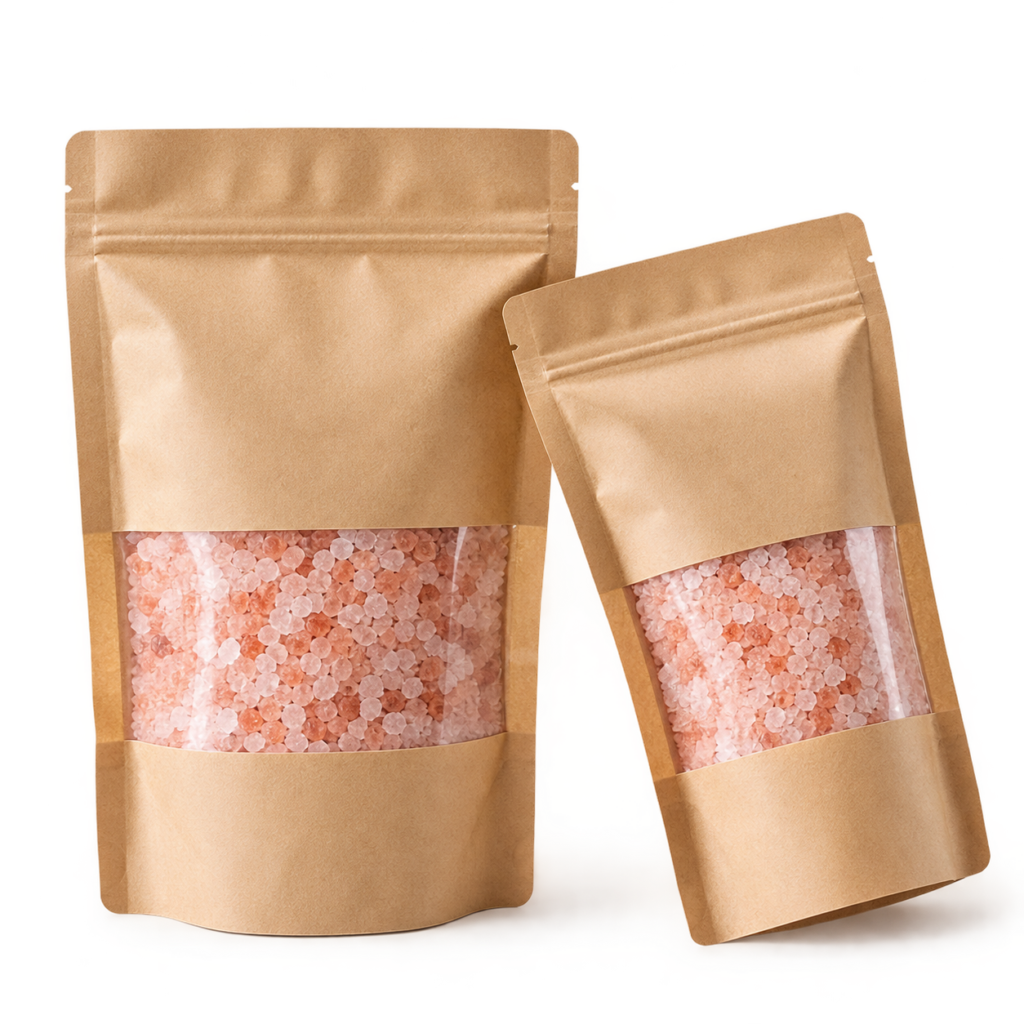 Own brand pink salt stand-up pouches for retail supply