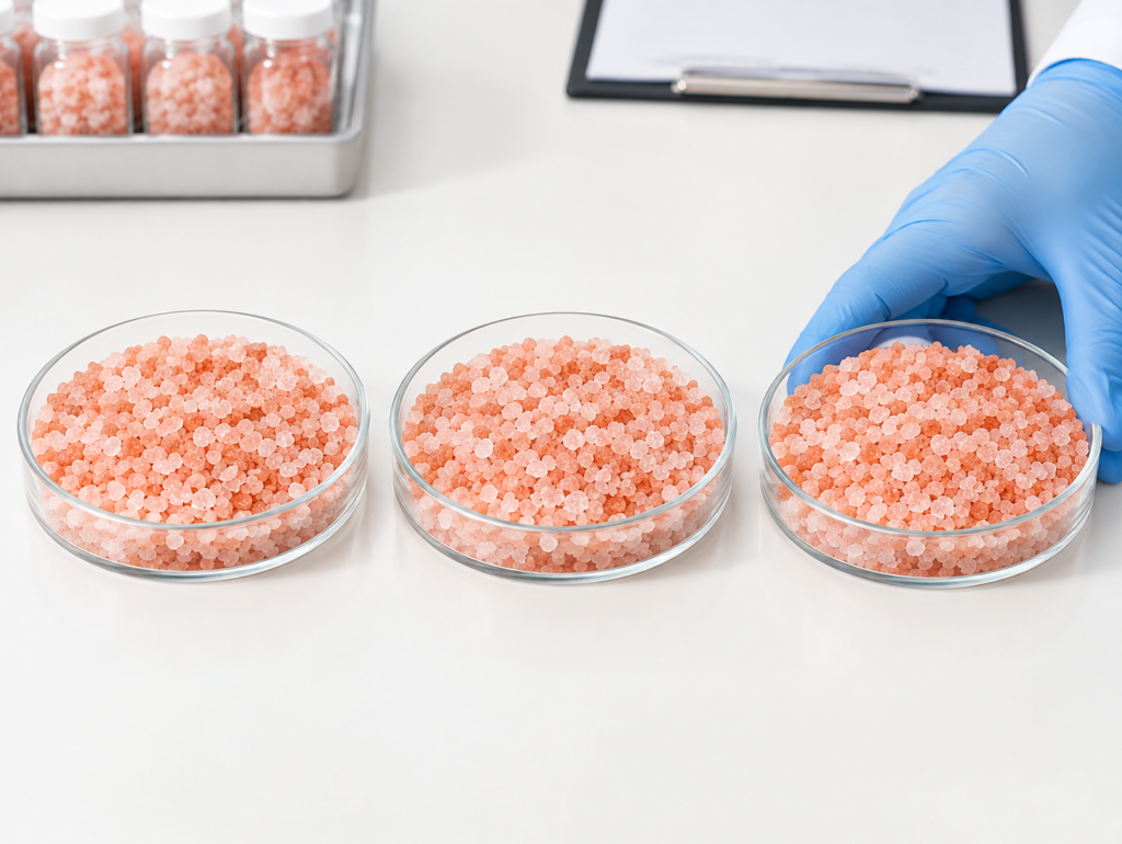 Pink salt batches compared for colour consistency across production runs
