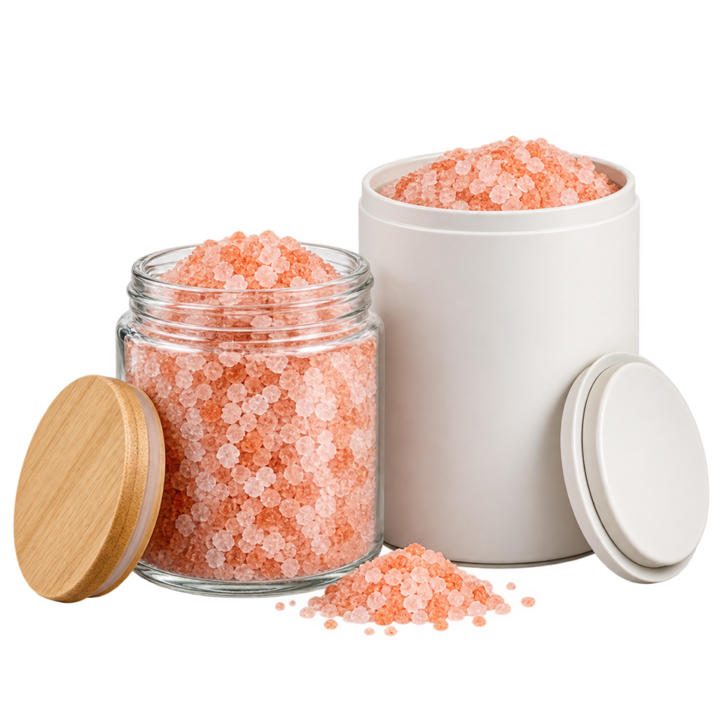 Pink salt filled into glass jars and canisters for own-brand retail