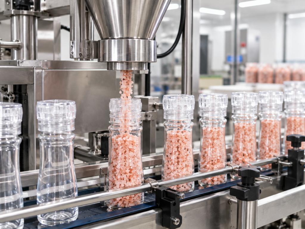 Pink salt granules being filled into retail grinder packs