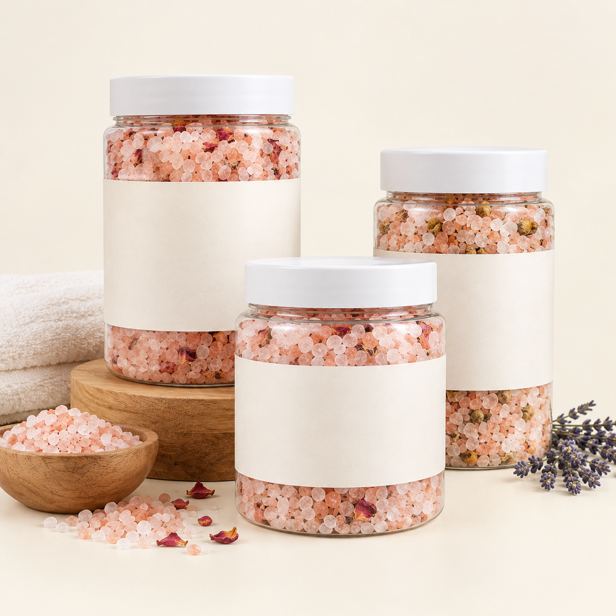 Private label bath salt jars and pouches supplied in unbranded packaging for own-brand programmes