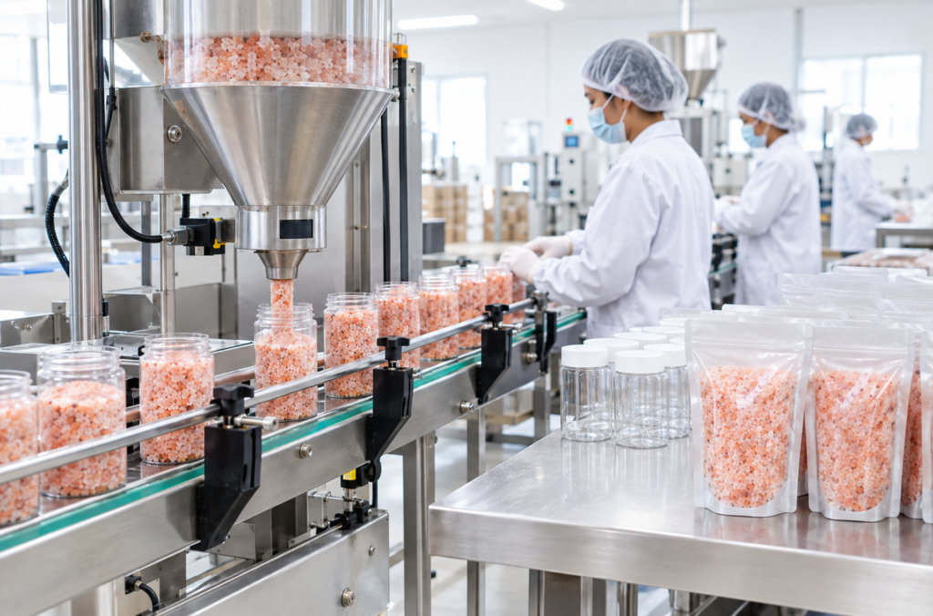 Private label pink salt being filled and packed on a retail packing line