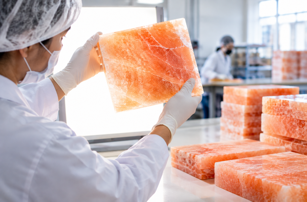Himalayan salt cooking blocks being inspected for internal fissures