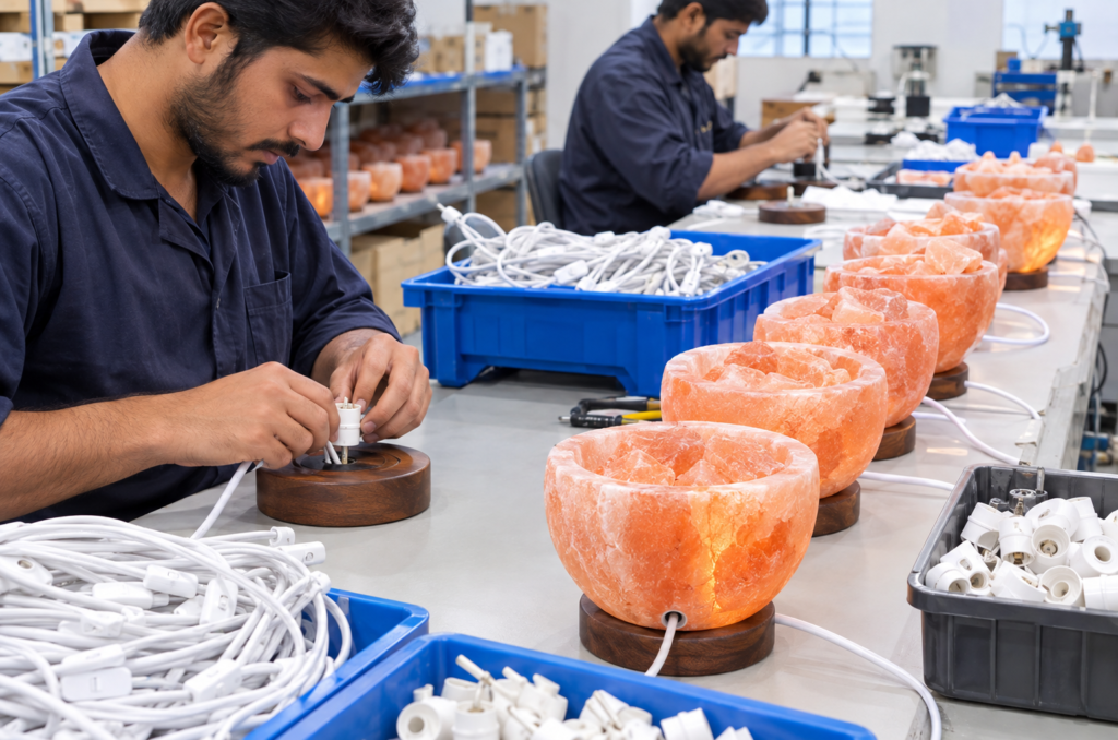 Salt bowl lamps being assembled and electrically fitted at the facility