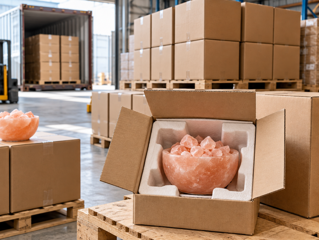 Salt bowl lamps packed in moulded export cartons for container shipping