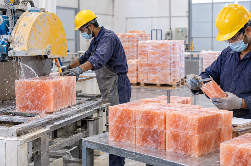 Himalayan salt bricks being precision cut to dimensional tolerance