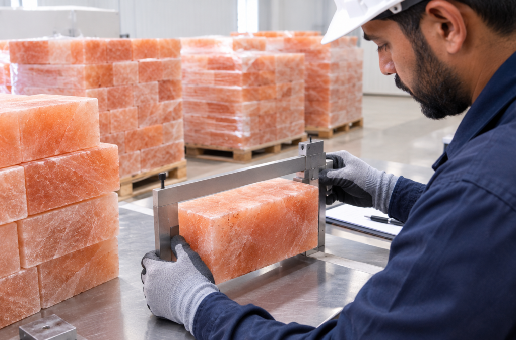 Himalayan salt bricks being measured against dimensional tolerance before dispatch