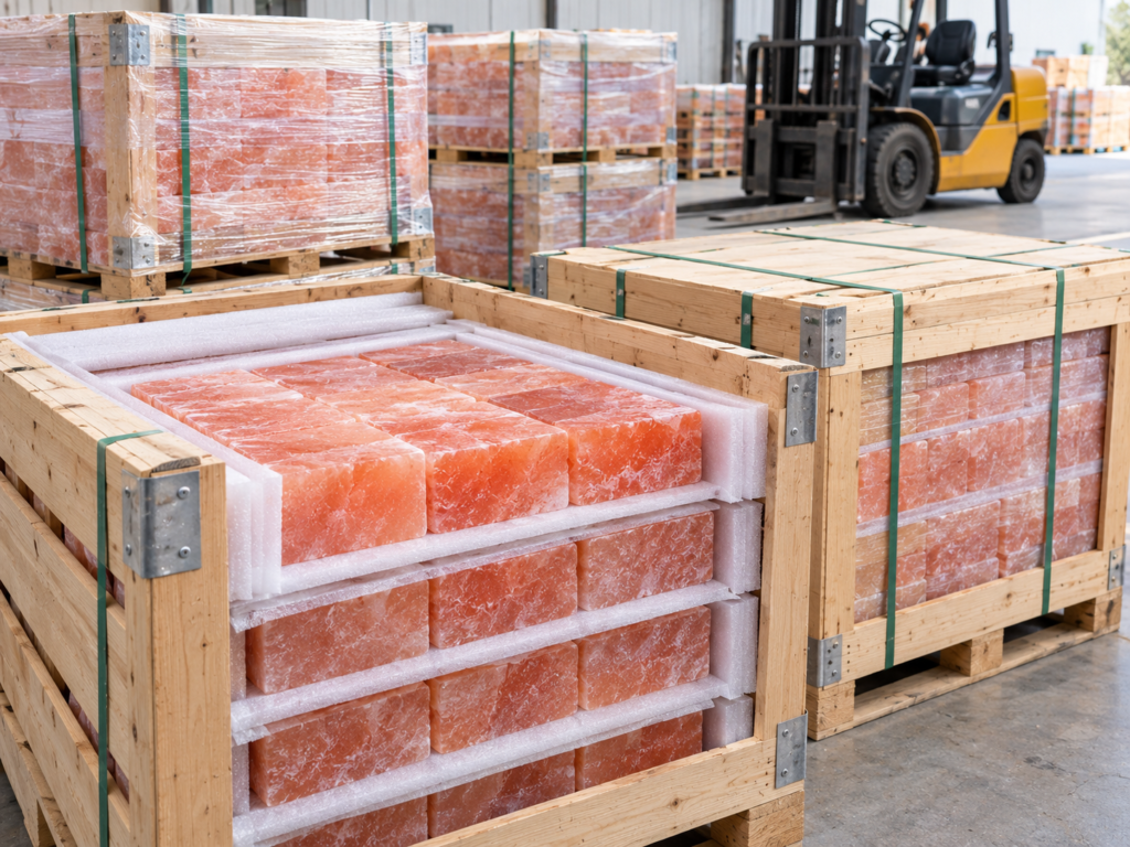 Himalayan salt bricks crated on pallets for construction site delivery