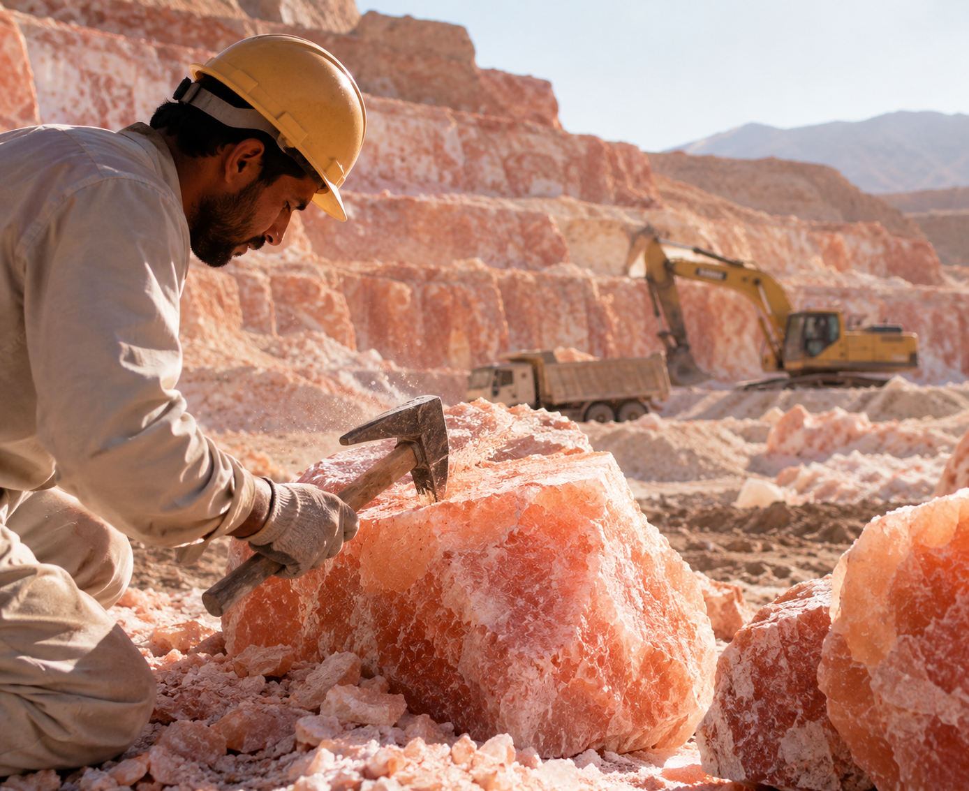 Carving and cutting stage of Himalayan salt production at our facility