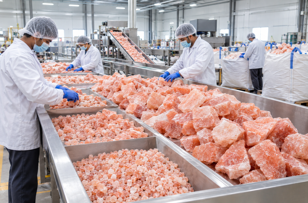 Himalayan salt chunks being graded and sorted by size at the facility