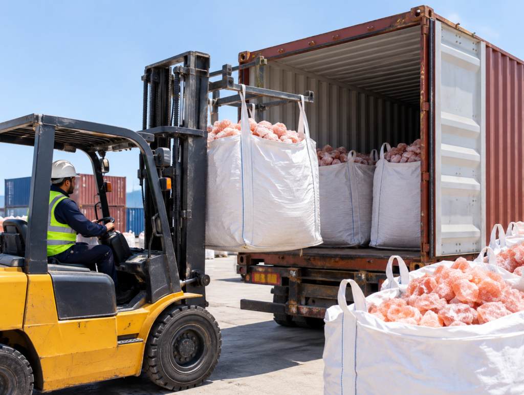 Bulk Himalayan salt chunks being loaded for container export
