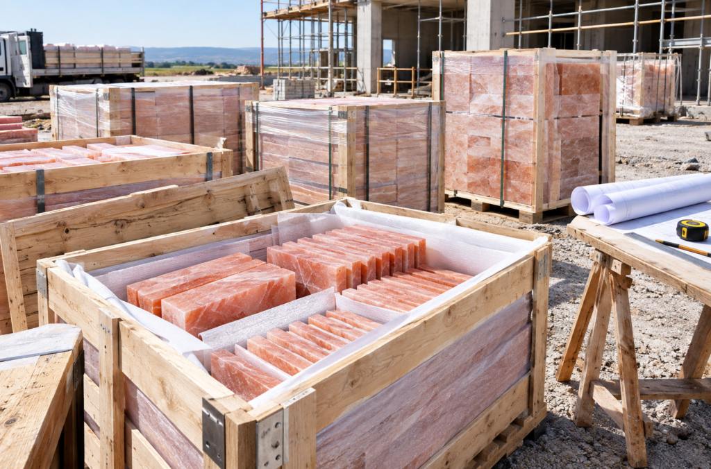 Salt bricks and tiles crated and sequenced for construction site delivery
