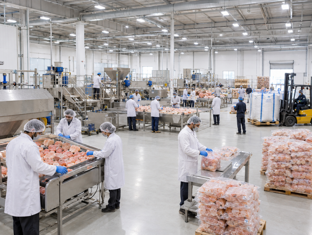 Production team working across the Himalayan salt facility floor