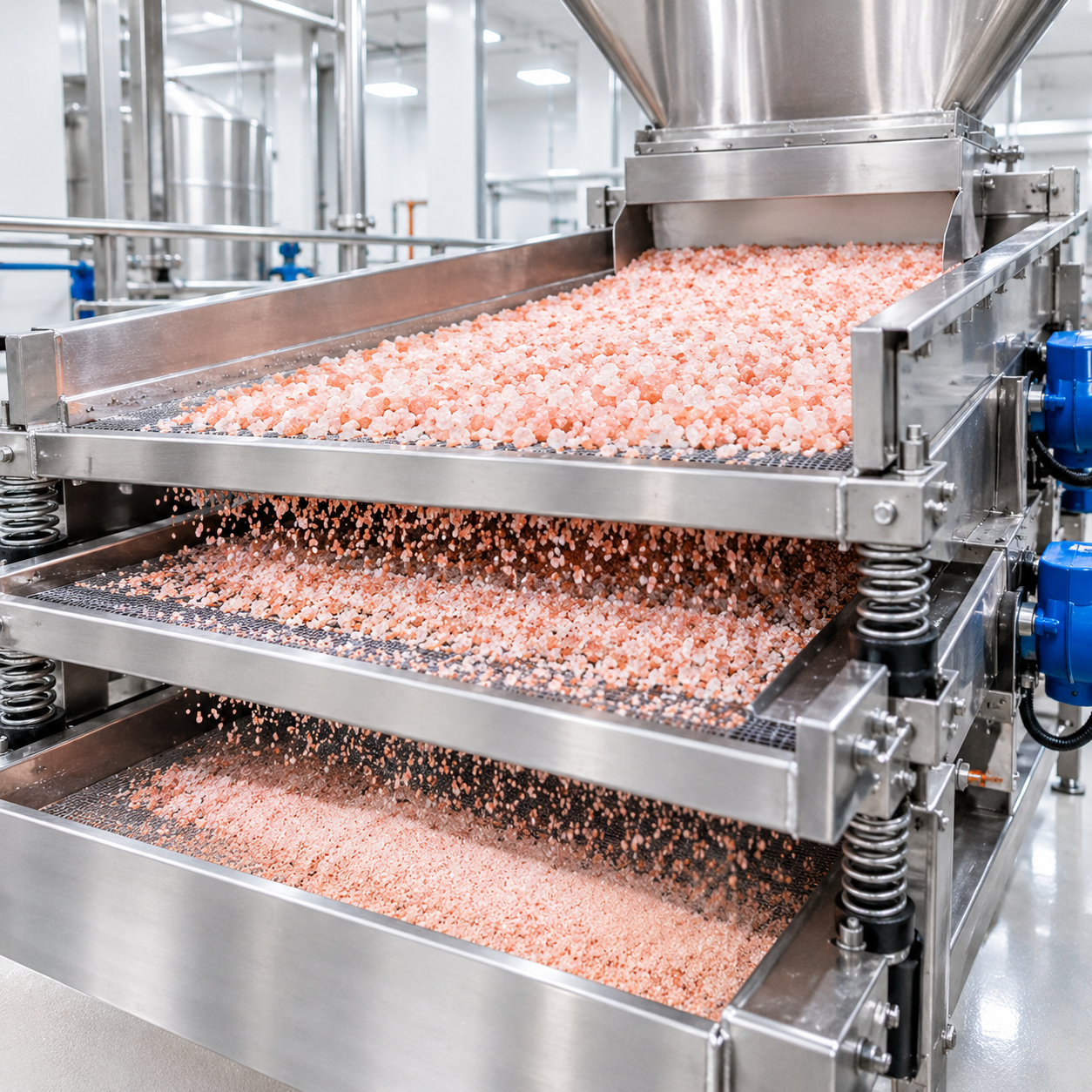 Milling and screening stage of Himalayan salt production at our facility