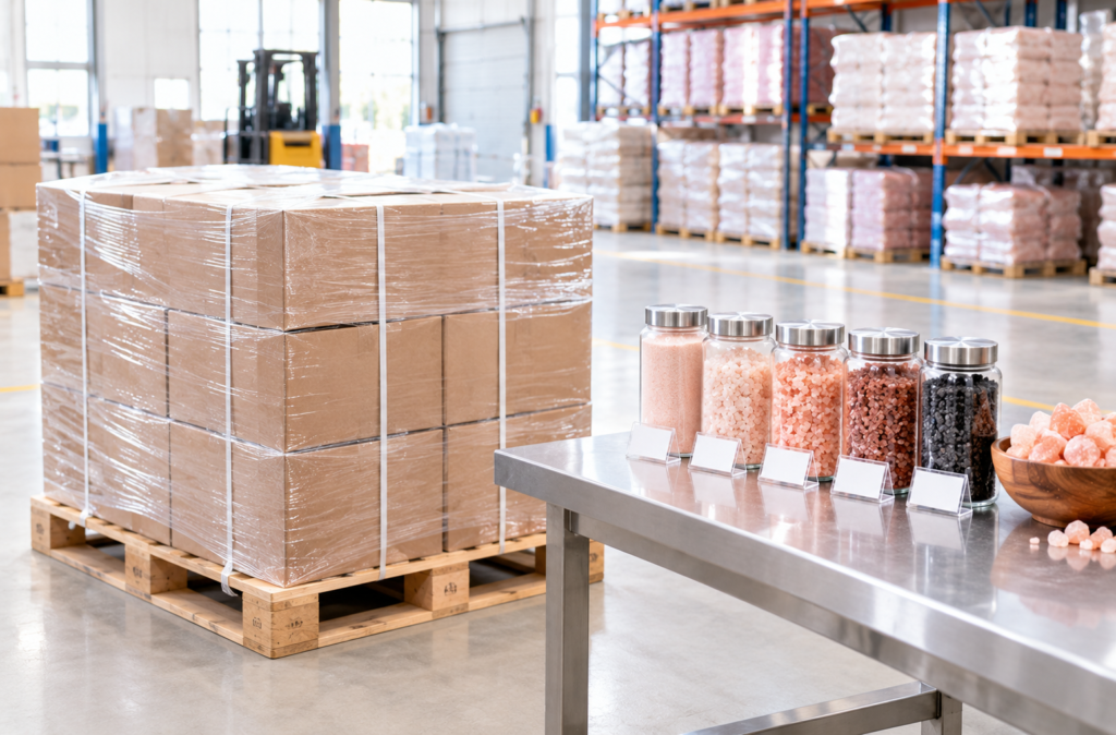 Himalayan salt samples and a trial pallet prepared for a new buyer