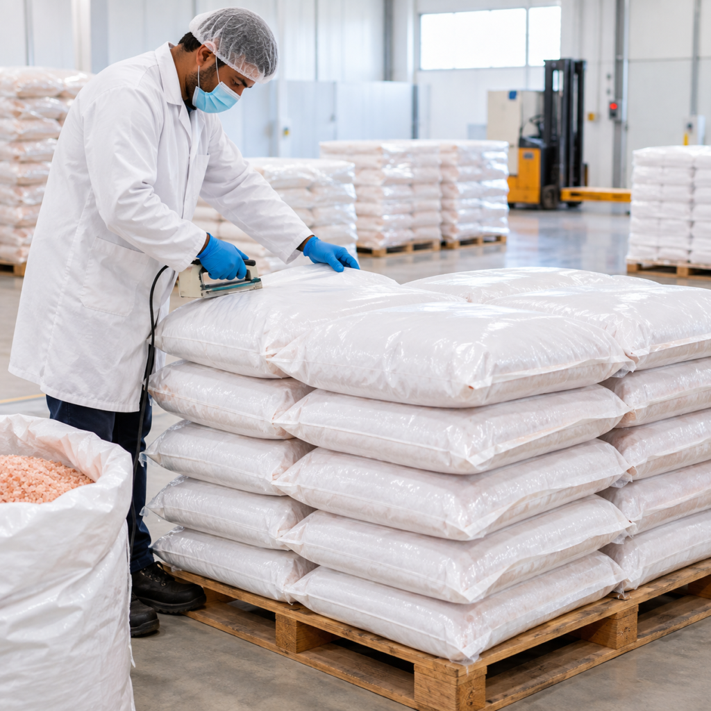 Packing and loading stage of Himalayan salt production at our facility