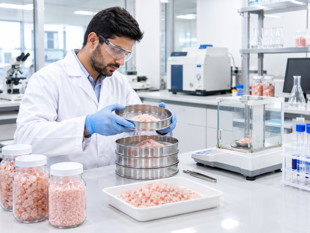 Himalayan salt samples being tested in a quality control laboratory