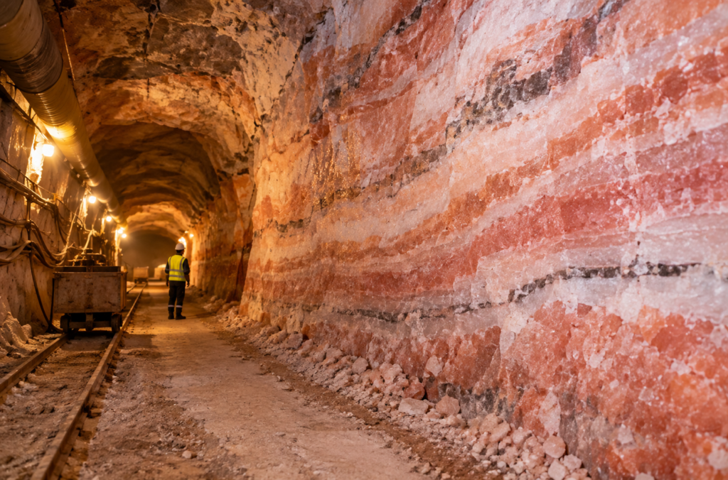 Himalayan salt seams exposed in a Salt Range mine tunnel in Punjab Pakistan