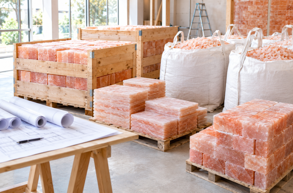 Salt room build materials including bricks, tiles, and floor salt prepared for a project