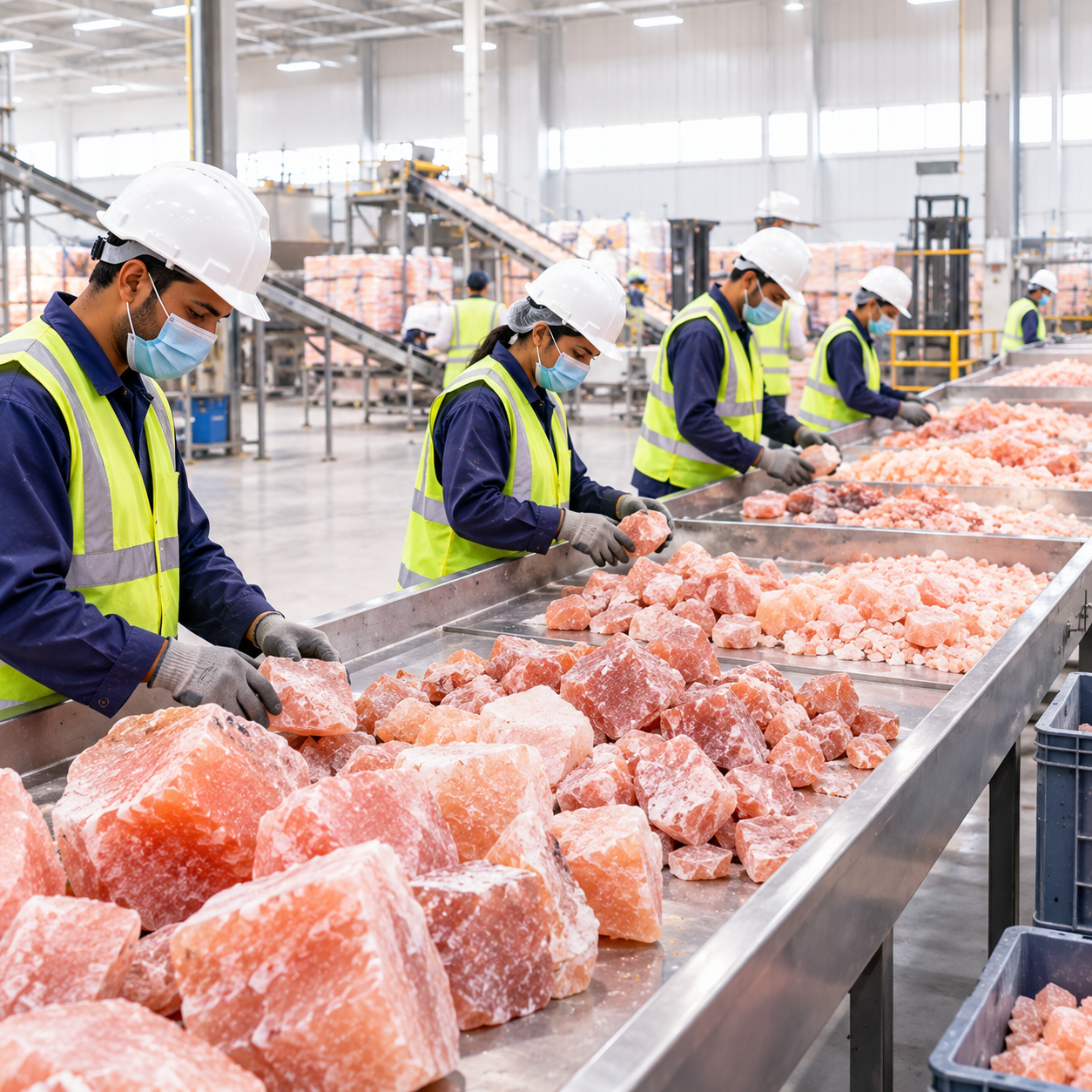 Sorting and seam selection stage of Himalayan salt production at our facility