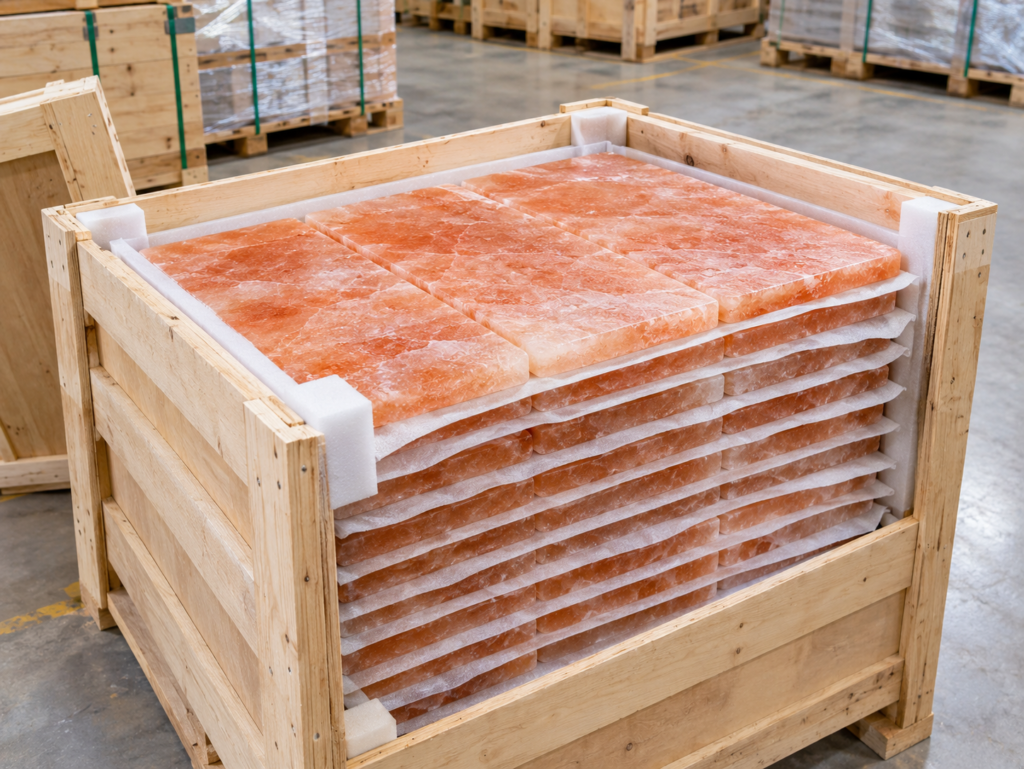 Himalayan salt tiles interleaved and crated for export delivery