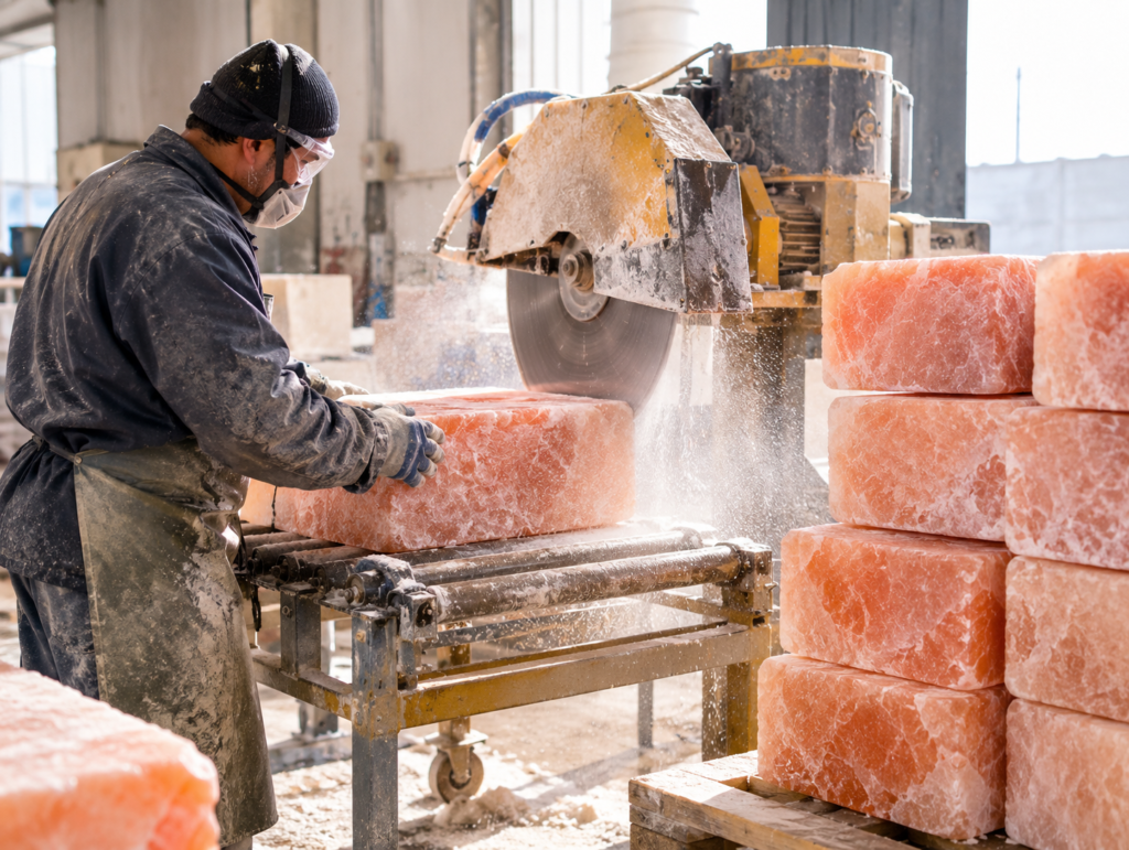 Solid Himalayan salt blocks being cut and finished for livestock use