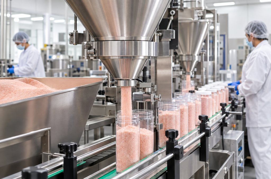 Himalayan table salt being milled and packed on a food-grade production line