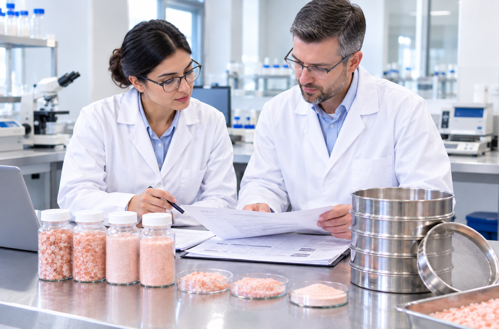 Technical team reviewing Himalayan salt specifications with a manufacturing client