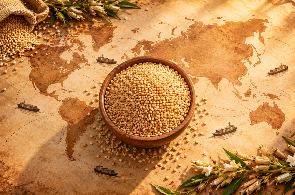 Sesame seeds with a world map, representing global sesame trade