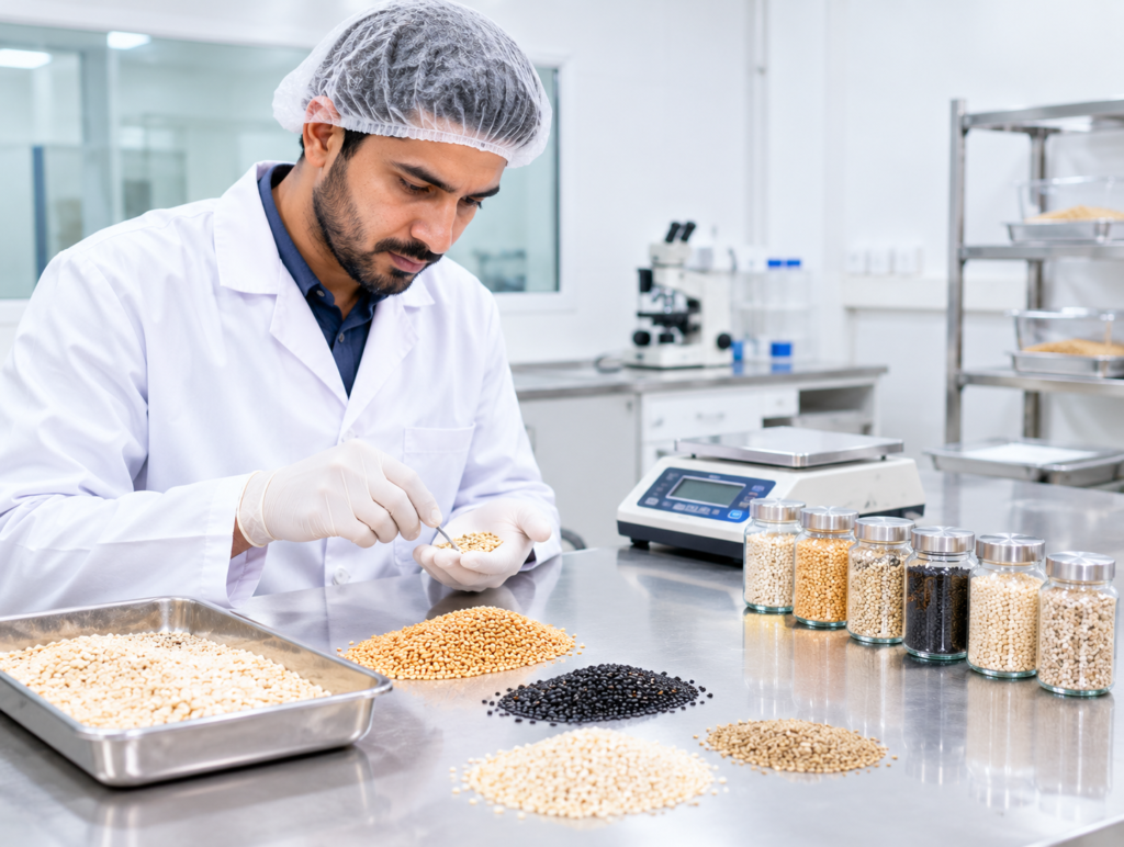 Laboratory grain quality inspection, Allahmdolillah Exports sesame seeds