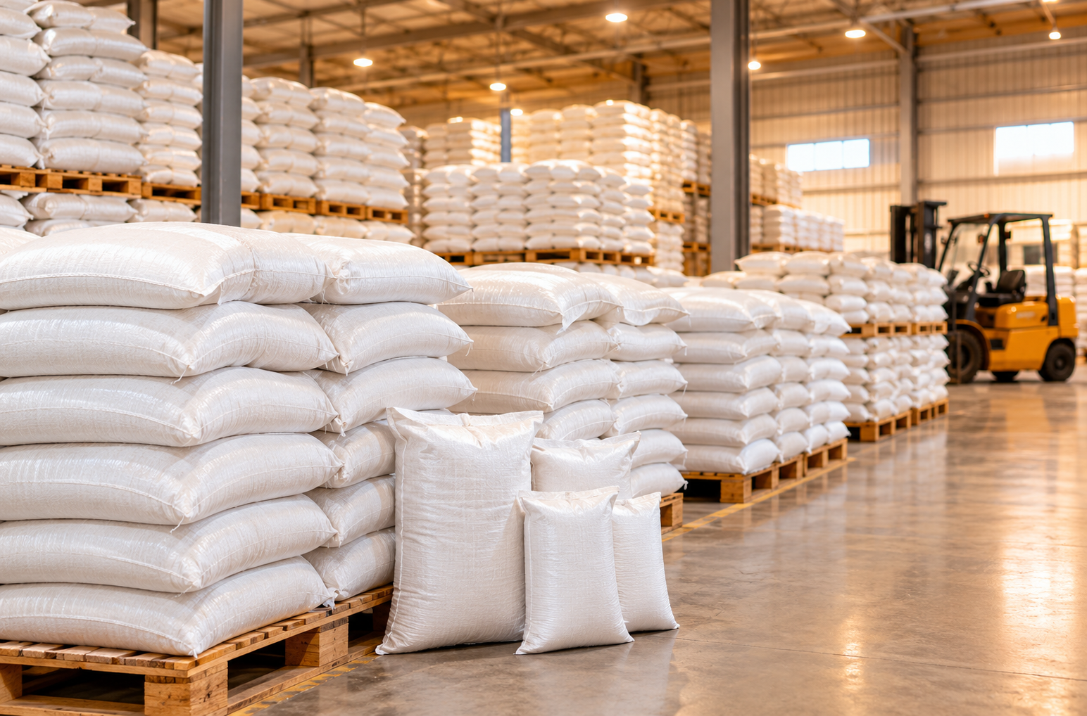 Palletized white sacks of sesame seeds in an export-ready warehouse